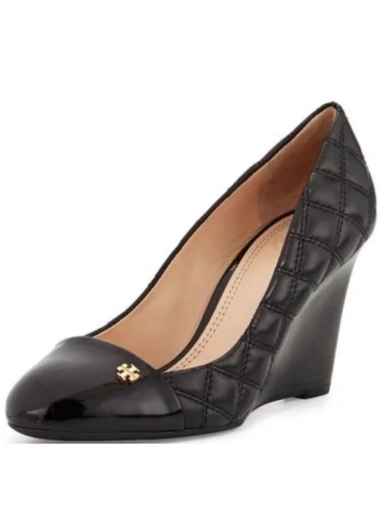Tory Burch Claremont Quilted Wedge Pump with Gold Logo, Round Toe, Black, Size 8