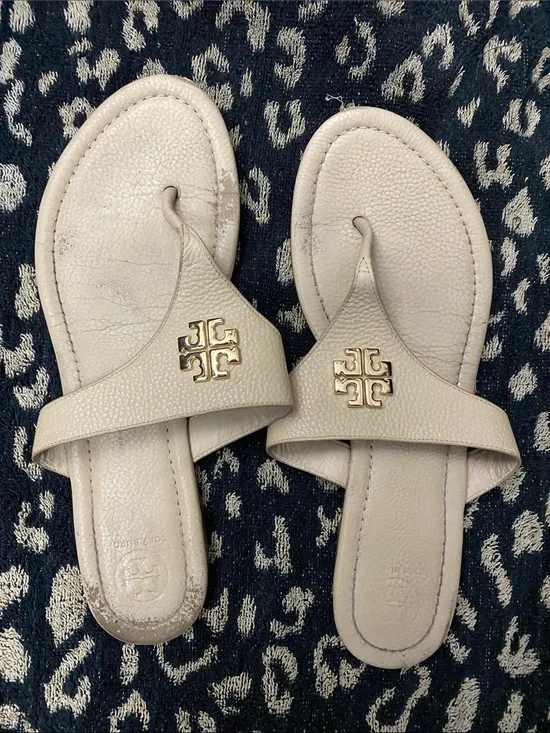 Tory Burch Beige Logo Thong Sandals with Gold Emblem