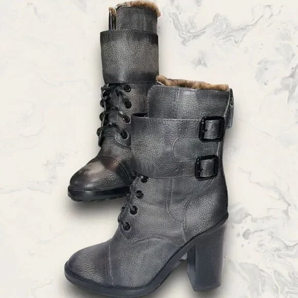 Tory Burch Broome leather heeled Combat Boots shearling lined gray women's 5.5M