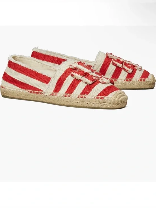 Tory Burch Stripe Red White Logo Woven Jute Espadrilles Fray Shoes Size 8.5