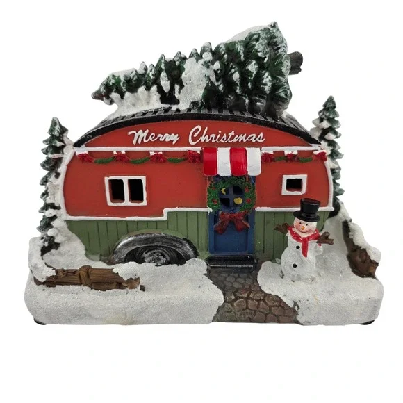 Christmas Camper Trailer Light Up Snowman Figurine Red Green Excellent Holiday