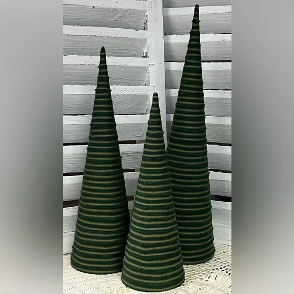 3 large Green Striped homespun fabric Cone Christmas Trees holiday farmhouse
