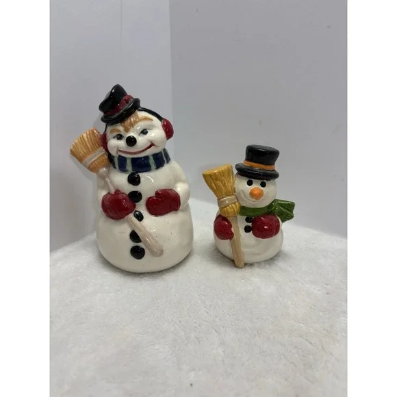 Ceramic Snowman Christmas Figurine Smiling Face‎ 1983 Vintage With Mini Snowman
