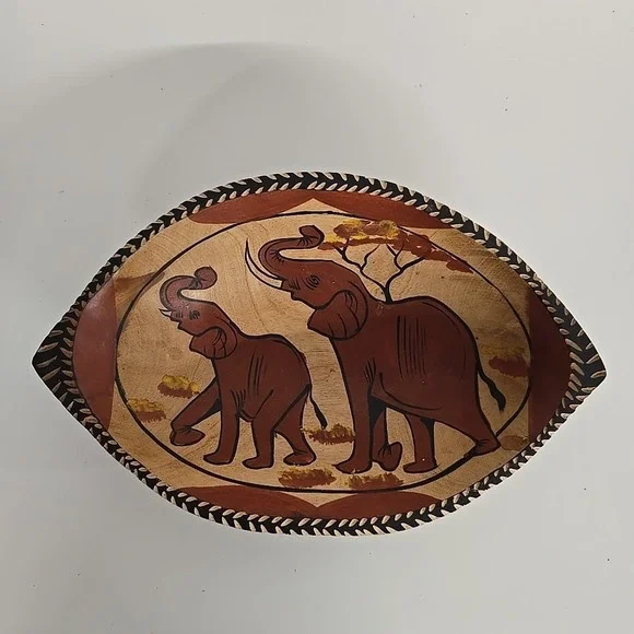 Handcrafted Decorative Carved Wood‎ Oval Bowl - Elephants 14
