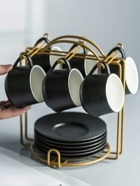 Matte Black Ceramic Espresso Cup Set with Rack