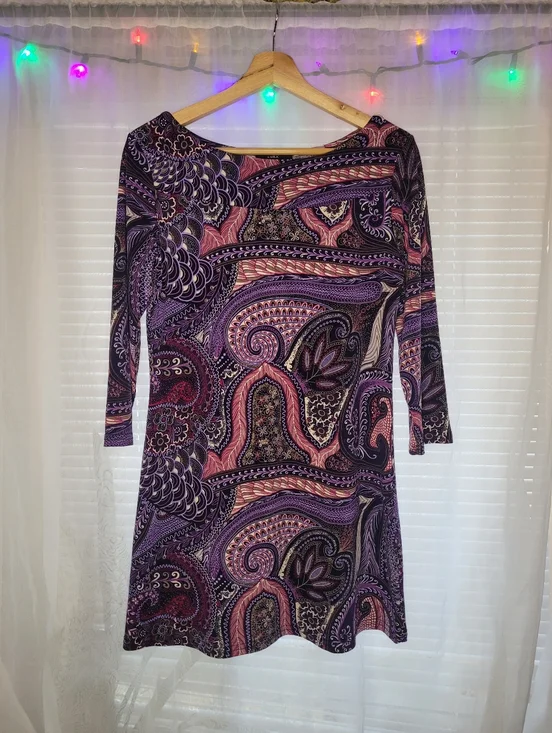 Luxx Purple Paisley Shift Dress Mini Medium Boho 3/4 Sleeve Unique Fae Vibes