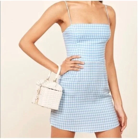 Reformation Preston Gingham Dress Baby Blue Spaghetti Strap Mini Size 0‎
