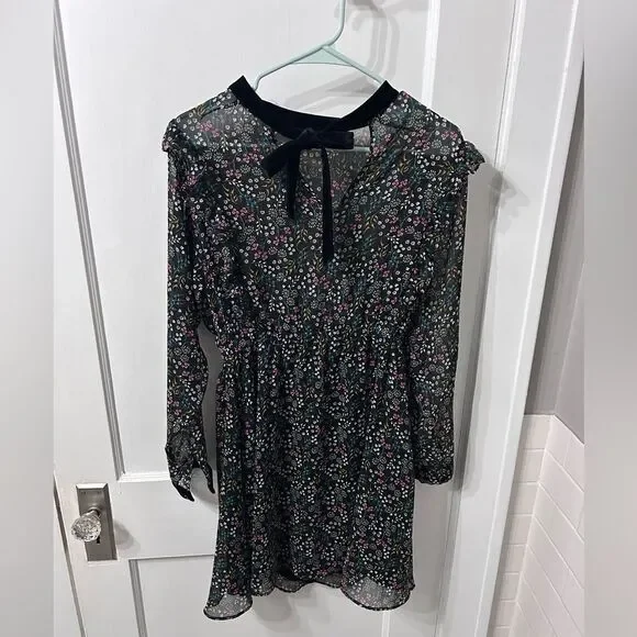 Zara Black Floral Dress with Velvet Bow