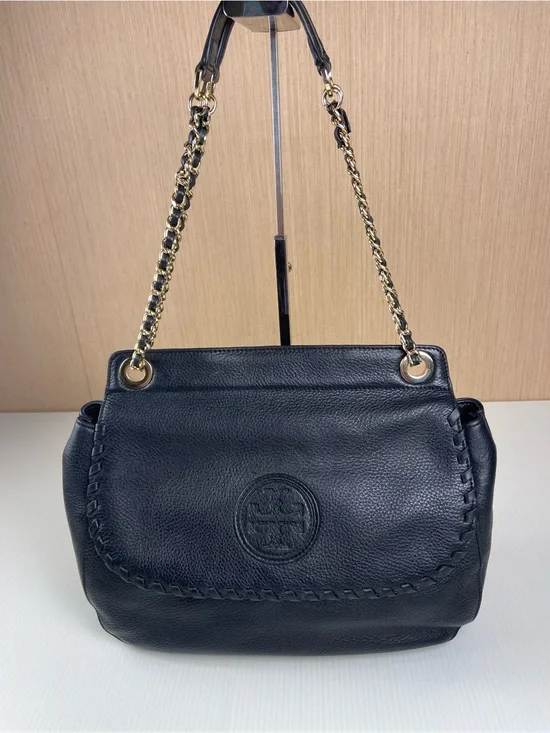 Tory Burch Black Pebbled Leather Convertible Gold Chain Shoulder Bag