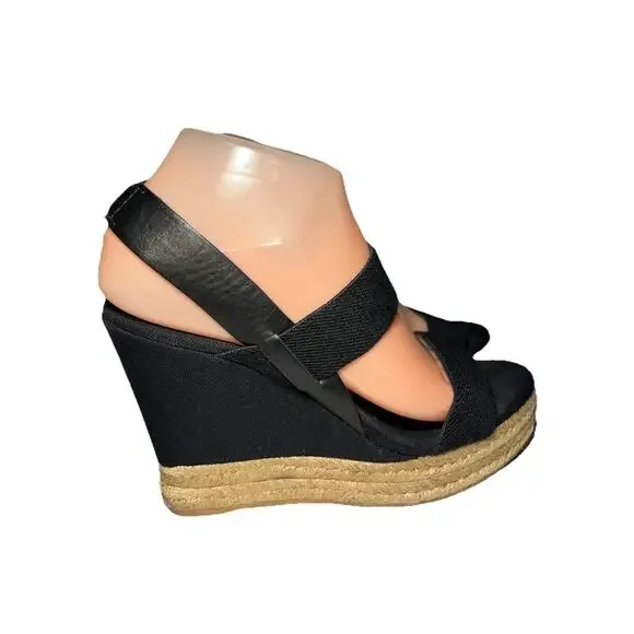 TORY BURCH‎ Sandals 8.5 Wedge Espadrille Black Two Band Platform 4.5
