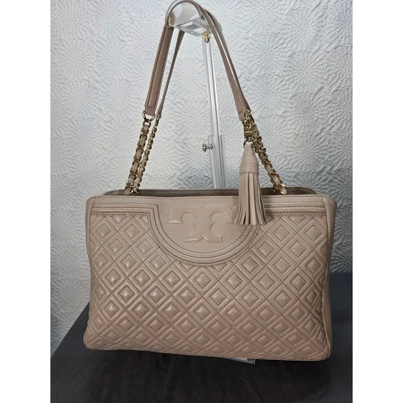 Tory Burch Fleming Tote Large Beige Good Quilted Leather Chain Shoulder Bag