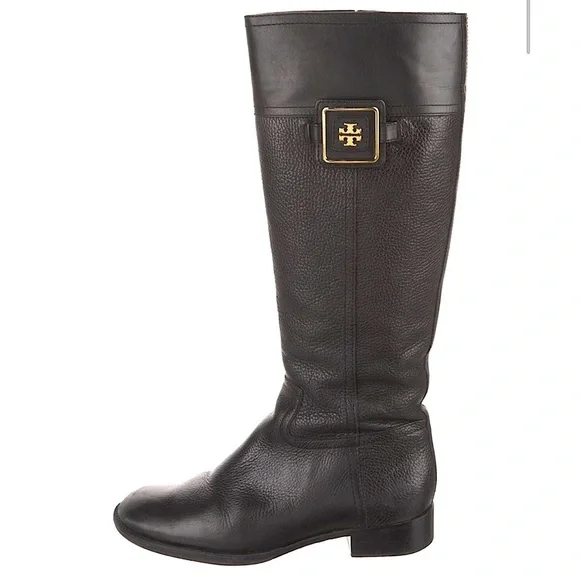 Tory Burch black grained leather riding boots zip up knee high boots vintage