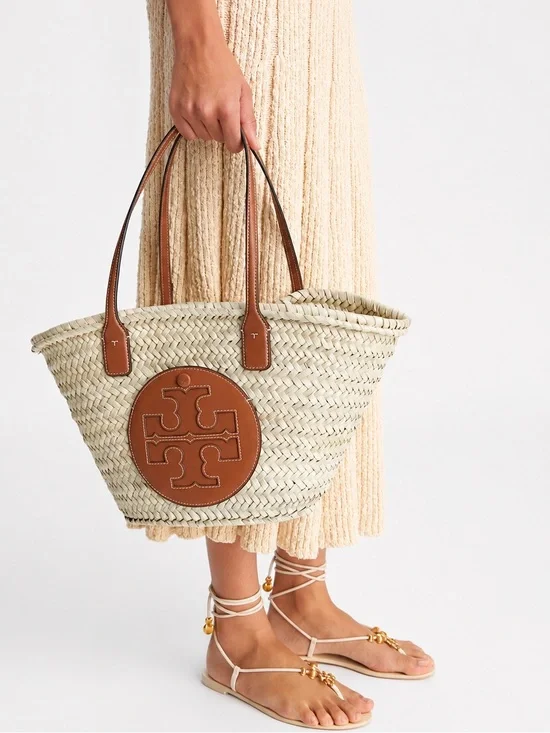 TORY BURCH Ella Straw Basket Tote in Color Natural / Classic Cuoio NWT