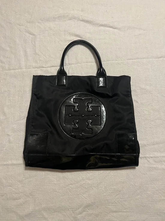 Tory Burch Ella Patent Black Nylon Tote with Glossy Logo Accent