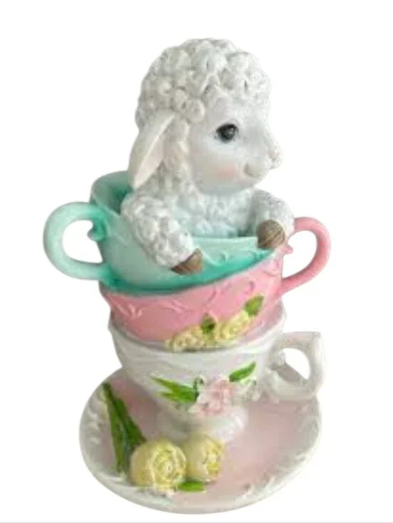 Lamb Figurine in Pastel Pink and Mint Green Stacked Teacups Easter Décor