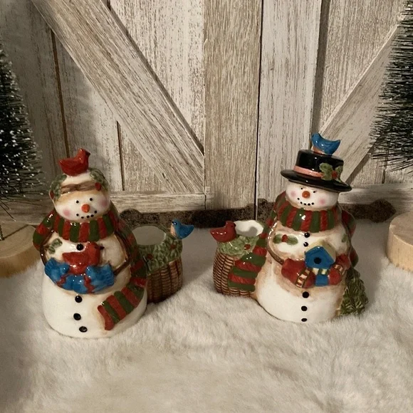Ceramic Snowman Taper Candlestick Holders