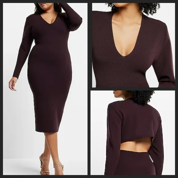 NEW! EXPRESS Knit V-neck Shoulder Pad Cut Out Back Midi Dress XL.