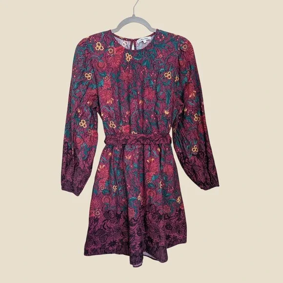 Celina Moon Floral Cotton Boho Belted Mini Dress Long Sleeve Burgundy Large