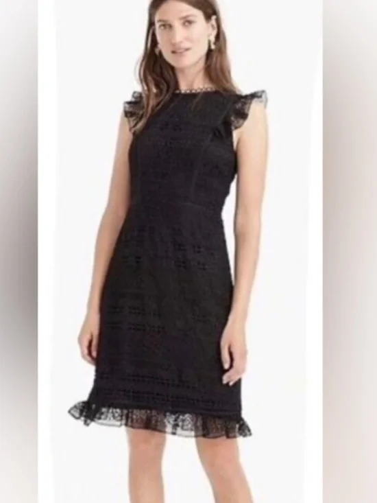 J. Crew Black Mixed Lace Cap Sleeve Ruffed Dress Size 8
