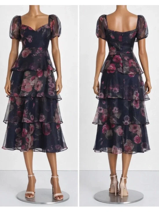 Lulu's Navy Floral Tiered Midi Dress with Puff Sleeves