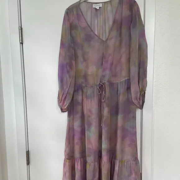 Velvet Sheer Midi‎ Dress in Watercolor Pink, Long-Sleeve, Front-Tie Size Large