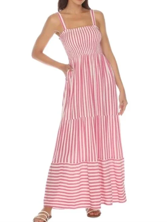 NWT Raviya Maxi Dress Pink & White Striped Large Sleeveless Flowy