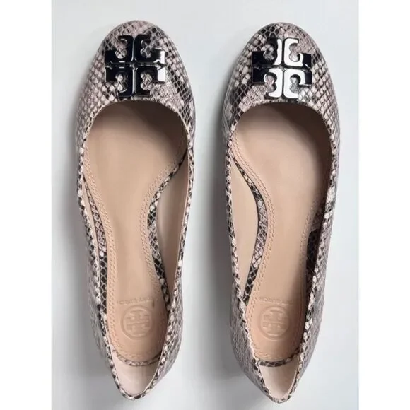 Tory Burch Lowell Neutral Snake-Print Logo Ballet Flats size 6