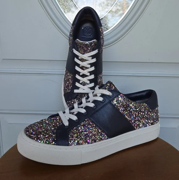 Tory Burch Carter Glitter Lace-Up Sneakers Leather