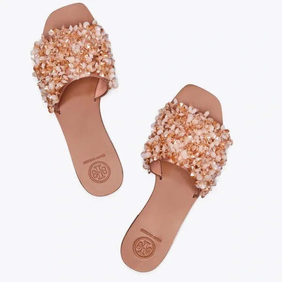 Tory Burch Logan Champagne Crystal Embellished Slide Sandals - Size 6.5