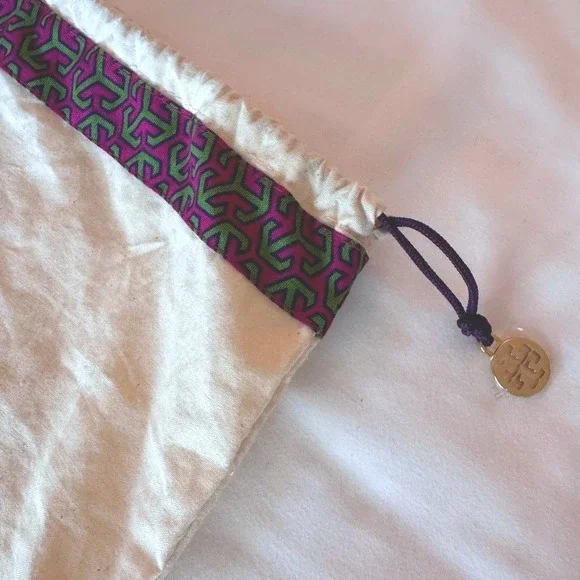 Tory Burch Cream Canvas Drawstring Dust Bag Gold Logo Charm Purple‎ Green Trim