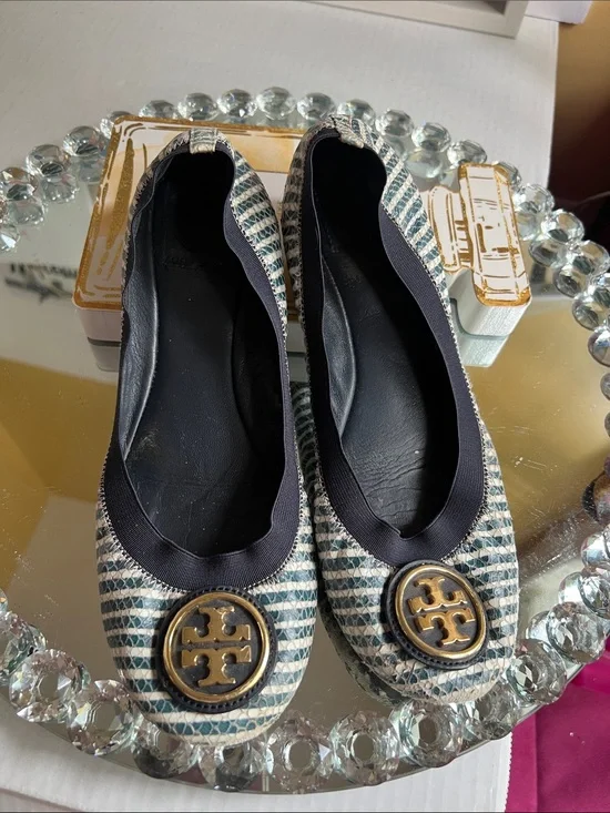 Tory Burch Navy and White Striped Logo Ballet Flats