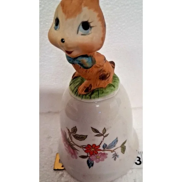 Bisque Cat with Bow Tie on Porcelain Floral Bell 5