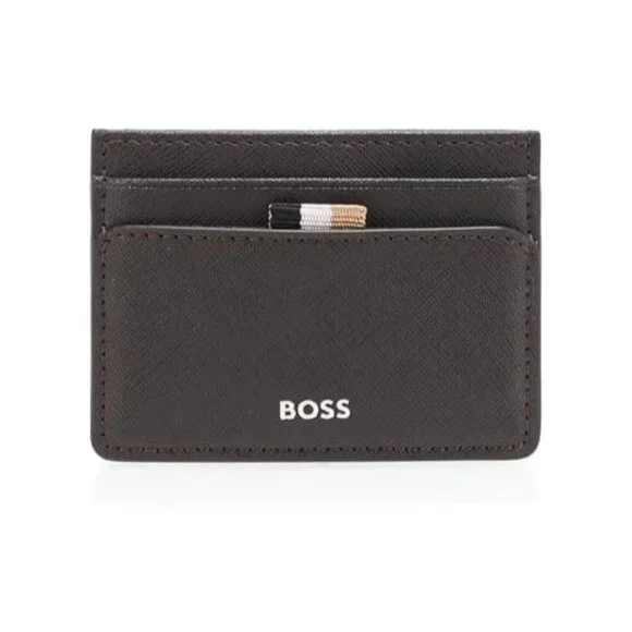 BOSS Zair Card Holder Wallet Coco Brown Leather Slim Minimalist NEW
