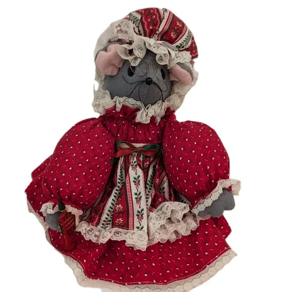 Vintage Felt Christmas Granny Mouse MRS CLAUS Holding Trumpet 11 Inches Holiday
