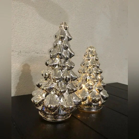 Silver Ceramic Lighted Holiday Tree Décor - Set of 2