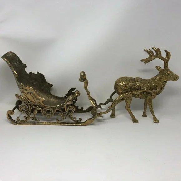 VINTAGE  LARGE BRASS REINDEER SLEIGH CHERUB SET CHRISTMAS HEAVY