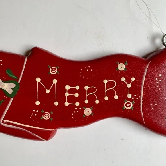Red Merry Christmas Hanging Wood Sign Wall Plaque Ribbon Bow Hand Painted 24”