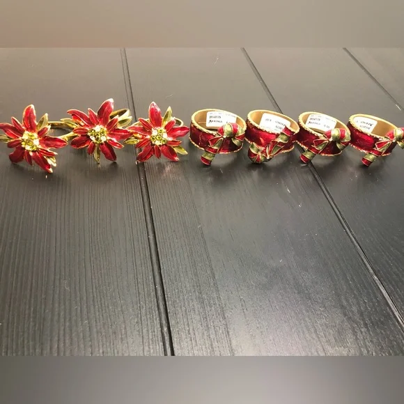 Holiday Poinsettia Napkin Rings and Place Card Holders - Red and Gold
