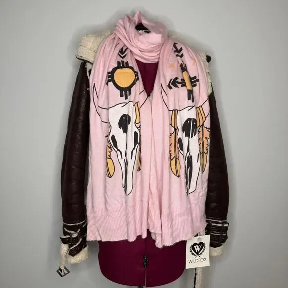 NWT Wildfox Couture Pink Angora Rabbit Hair Scarf with Boho Native Bull Skull