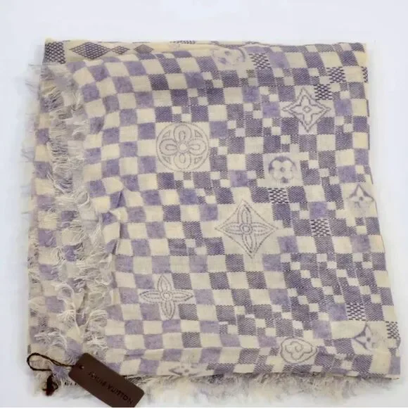 Auth Louis Vuitton Damier Azur Semi Sheer Cashmere / Silk Shawl Stole Wrap Scarf