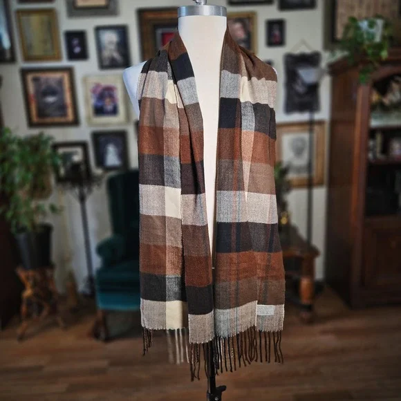 Scarf Brown Plaid Cashmere-Feel Acrylic Soft Winter Neckwear Fringe Wrap Unisex