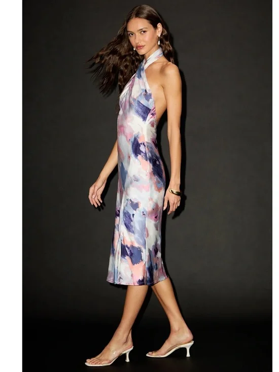 NWOT Lulu’s Beyond Classy Multi Abstract Print Satin Halter Midi Dress Medium