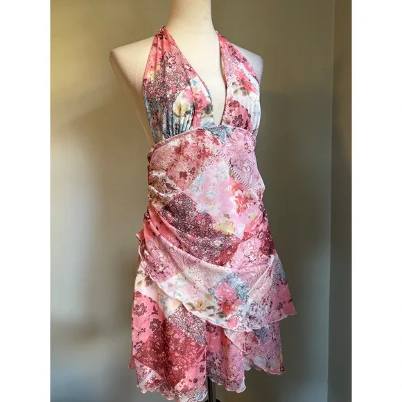 Pink Patchwork Floral Halter Dress Ruffle Mini Y2K Boho fairy resort dainty L