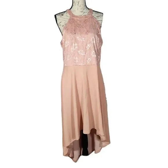 CBbonlinedress Women Size XL Pink High Low Halter Cocktail A-line Lace Dress