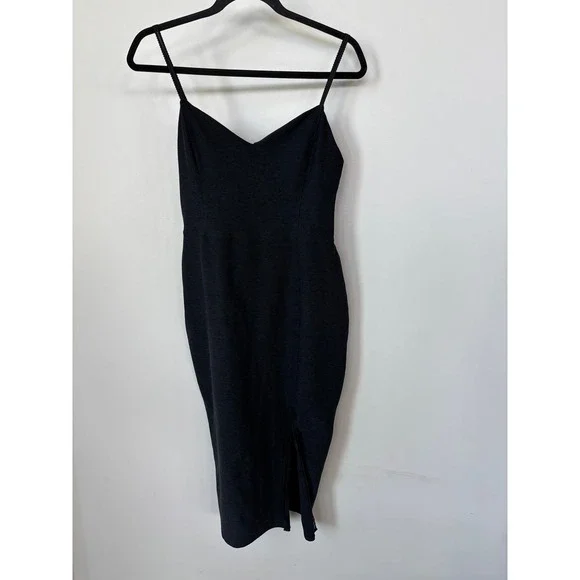 Beyond Yoga Black Spacedye Midi Dress V-Neck Lace Trim Side Slit Womens Medium