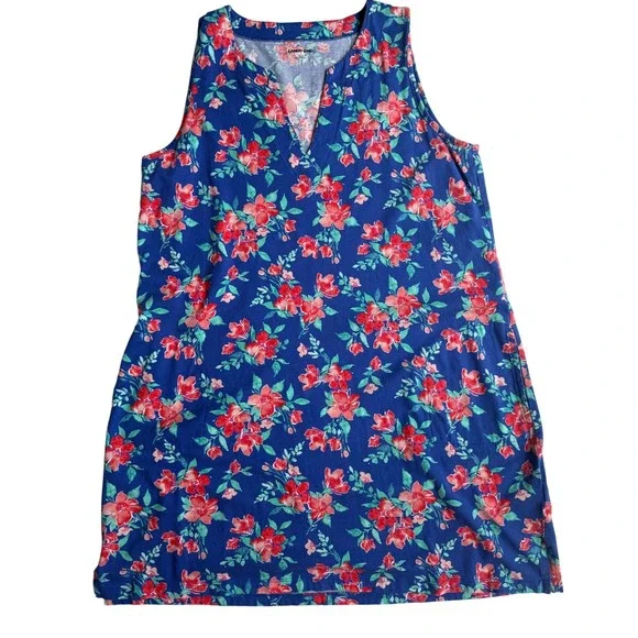 Lands End Blue Floral Cotton Sleeveless Split Neck Shift Dress L 14-16