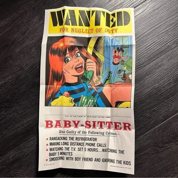 Vintage 80’s 'Wanted' Babysitter Poster, Topps 1980