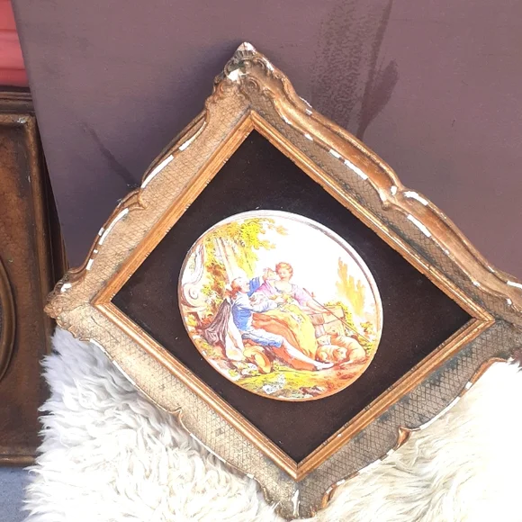 Porcelain painting Courting man woman pet Dog Garden gold frame 10x10