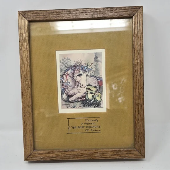 Vintage 1980 Jody Bergsma unicorn wood framed art print signed wall decor horse.
