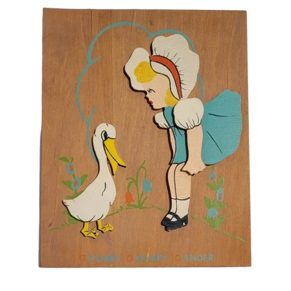 Vintage Child's Wood‎ Layered 3D Goosdey Goosey Gander Wall Décor